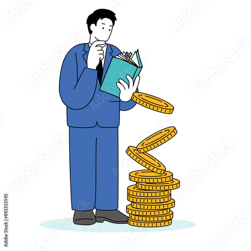 お金について勉強をするスーツを着た男性のシンプルな線画イラスト
