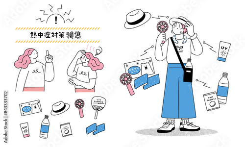 熱中症対策をする女性のシンプルな線画イラストセット
