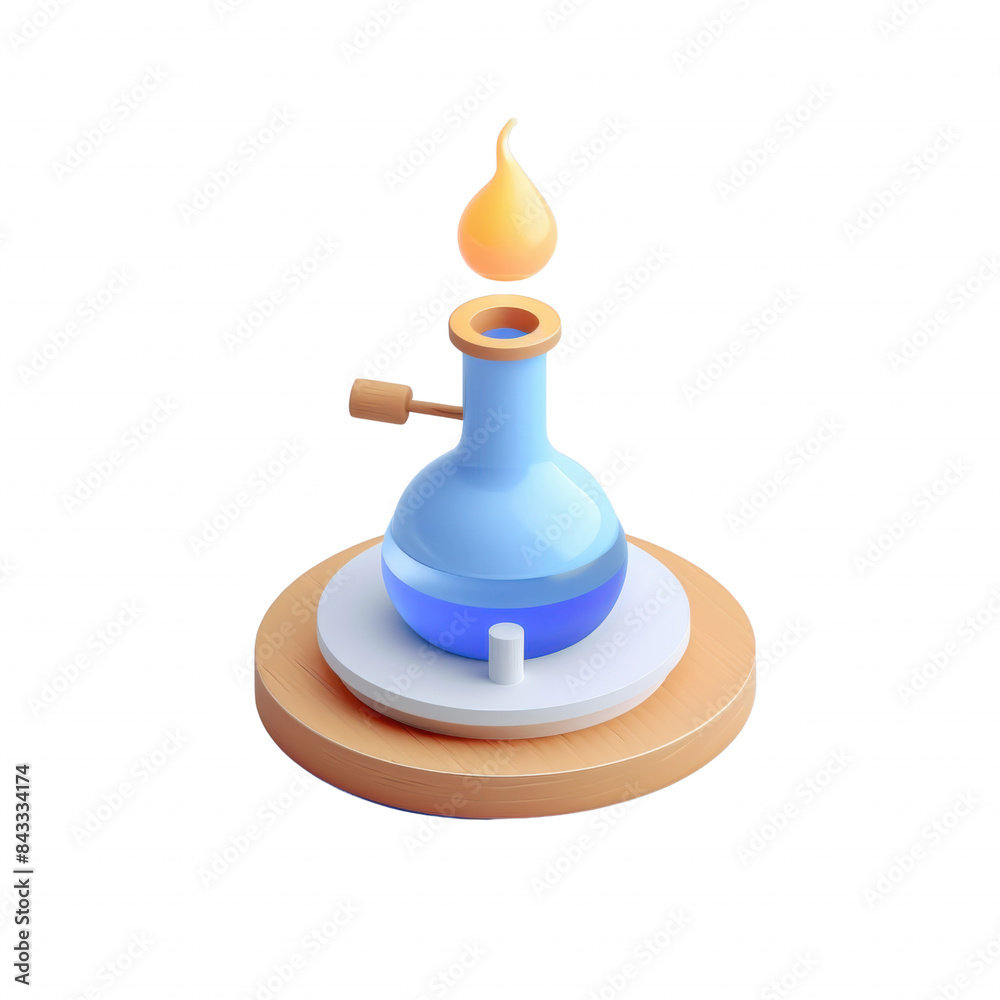 3D illustration of a science experiment with a Bunsen burner heating a blue liquid in a flask. Educational and scientific concept. 3D illustration of a science experiment with a Bunsen burner heating a blue liquid in a flask. Educational and scientific concept.