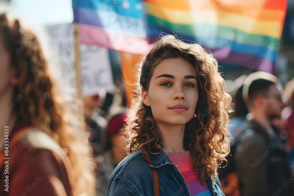Woman at a pride parade with rainbow flags