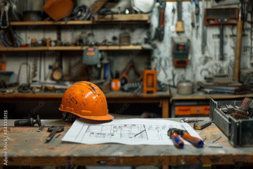 A safety helmet and blueprint on a workbench with industrial tools A safety helmet and blueprint on a workbench with industrial tools