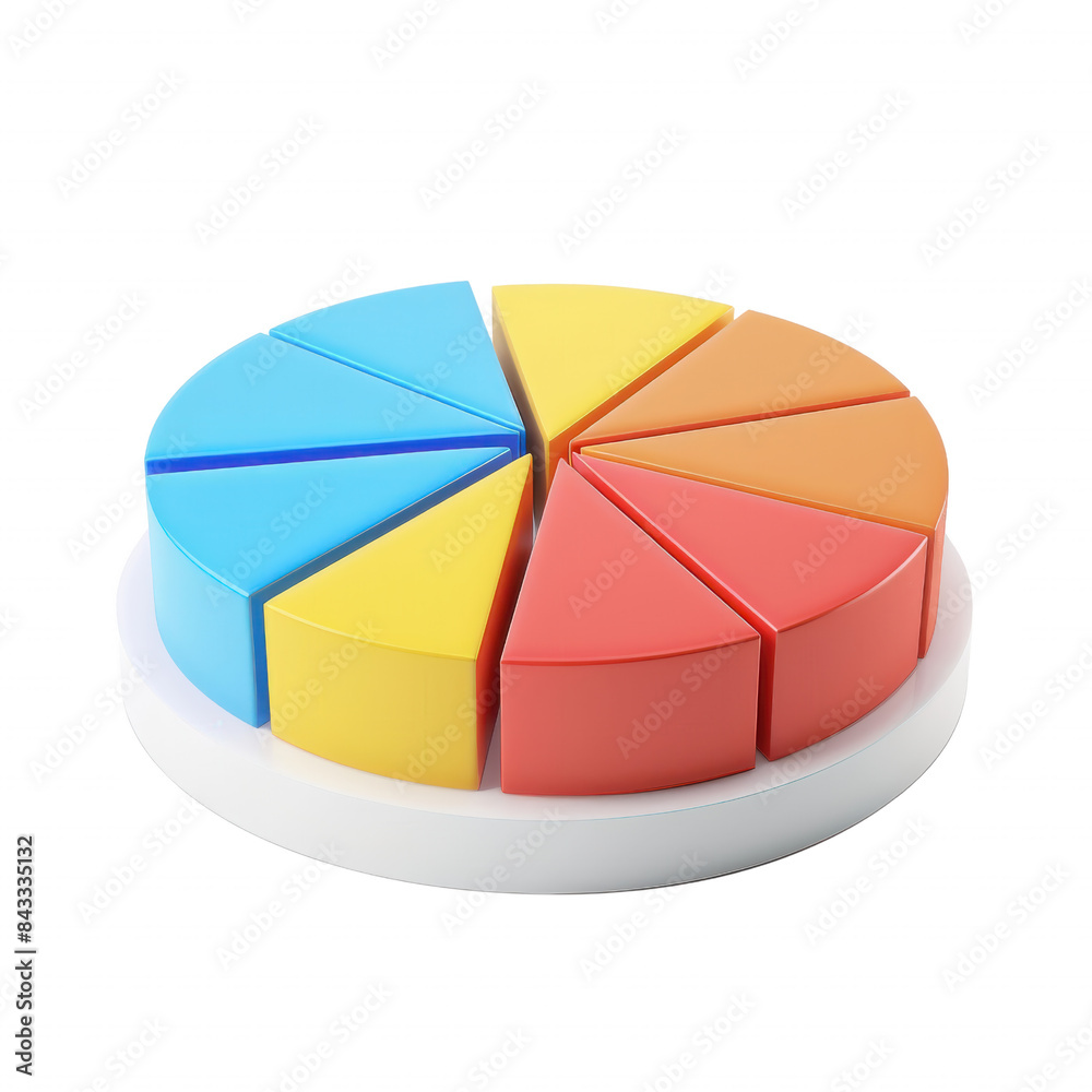 Obraz premium 3D pie chart with colorful segments representing data analysis and business statistics. Ideal for presentations, reports, and infographics.