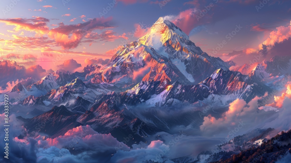 Snow-capped mountains glowing in the light of the setting sun. Snow-capped mountains glowing in the light of the setting sun.