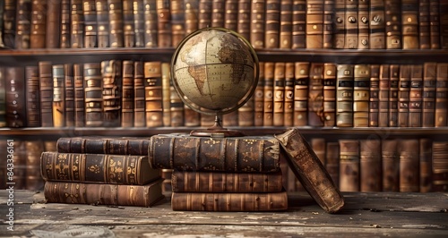 Vintage Books and Globe on Wooden Bookshelves in Old Library Offering Academic Knowledge and Worldly
