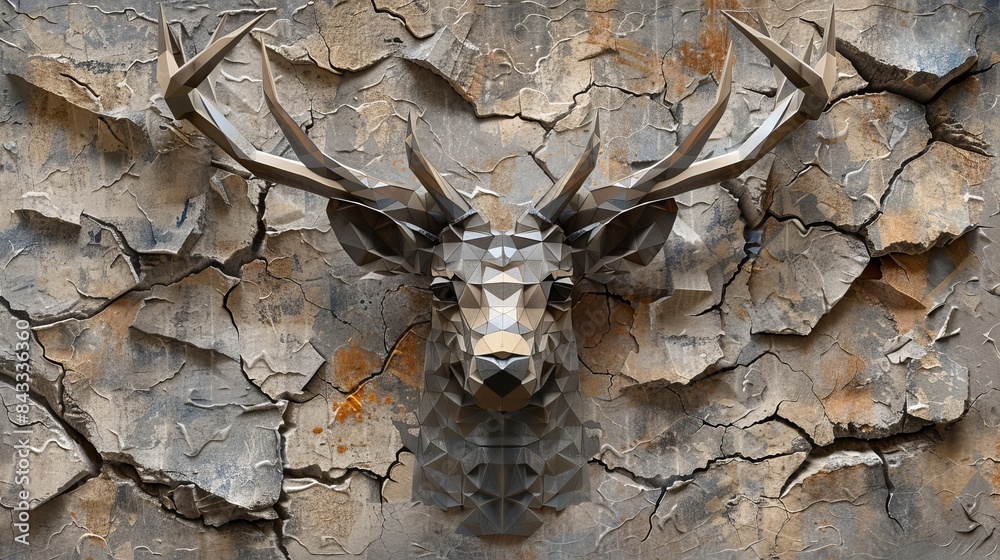 Abstract geometric 3D mural of a stereo deer, set against a cracked stone wall, with detailed textures and modern design Abstract geometric 3D mural of a stereo deer, set against a cracked stone wall, with detailed textures and modern design