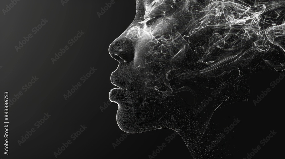 Black canvas with a soft shadow, double exposure technique blending in minimalistic line art