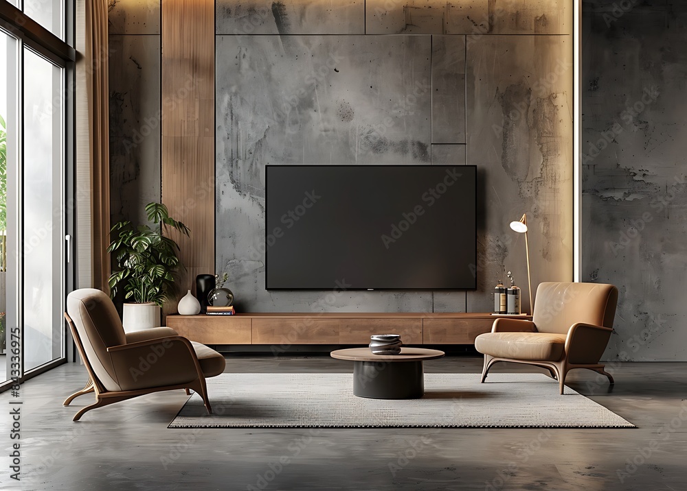3d rendering of TV on the wall in modern living room interior with sofa, armchair and coffee table 3d rendering of TV on the wall in modern living room interior with sofa, armchair and coffee table