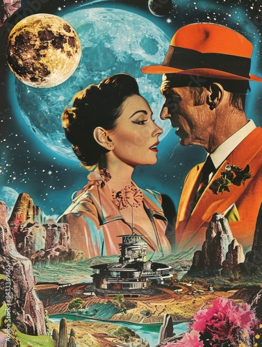 Retro Couple in Space, 1950s attire, futuristic background
