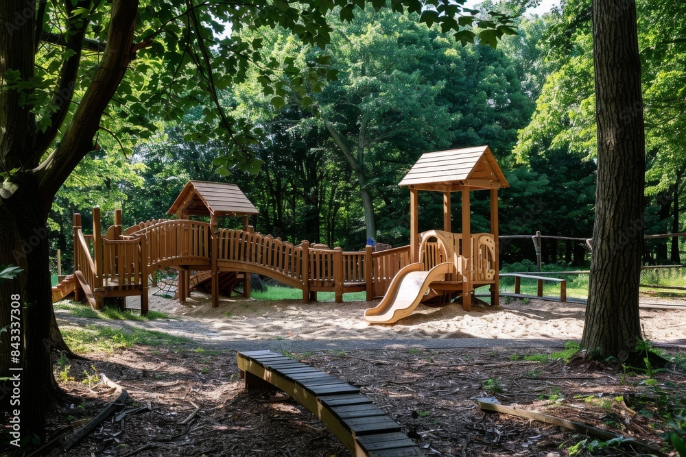 A playground with a wooden playhouse, bridge, and sandpit, surrounded by trees A playground with a wooden playhouse, bridge, and sandpit, surrounded by trees