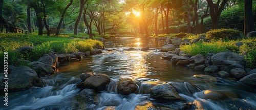 A stream of water flows through a forest with a sun shining on it