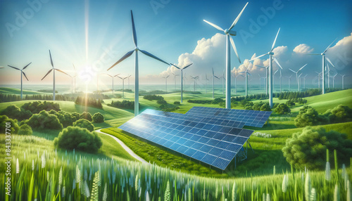 An image showcasing renewable energy solutions such as solar panels and wind turbines in a green, open landscape.
 photo