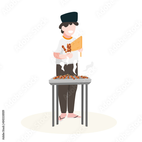 Vector illustration of a man makes grilled meat called satay. Indonesian street food