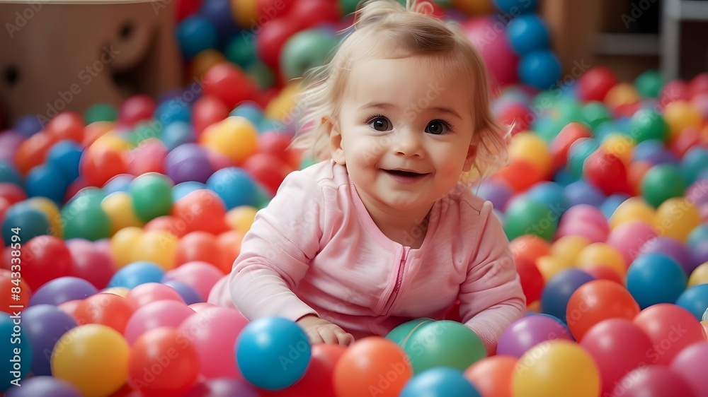 Adorable little children having fun in the children's play area and entertaining themselves with a ball. A happy tiny baby girl rests on a center of multicolored plastic balls. Adorable little children having fun in the children's play area and entertaining themselves with a ball. A happy tiny baby girl rests on a center of multicolored plastic balls.