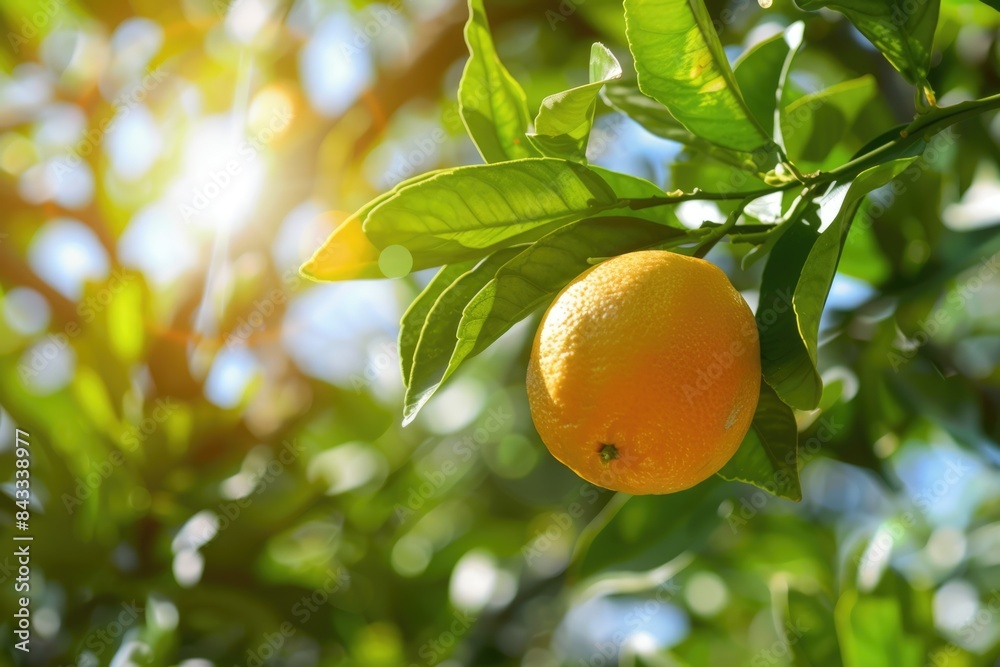 Single orange on a green tree in the garden on a sunny day closeup image Single orange on a green tree in the garden on a sunny day closeup image