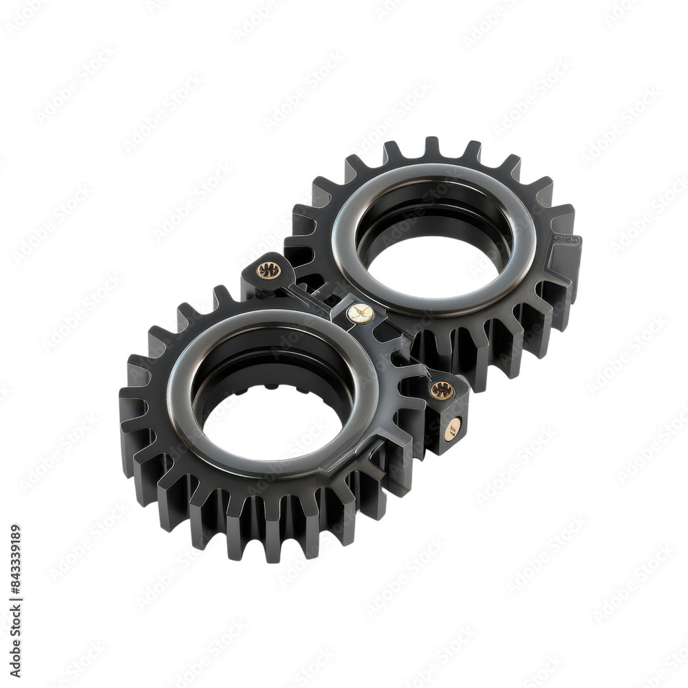 Close-up image of two metal gears interlocked together, showcasing mechanical parts and engineering concepts. Close-up image of two metal gears interlocked together, showcasing mechanical parts and engineering concepts.
