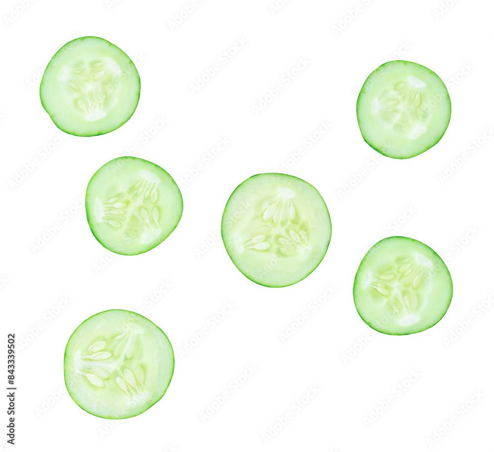 Top view set of green cucumber slices or pieces in circle shape scattering isolated with clipping path in png file format Top view set of green cucumber slices or pieces in circle shape scattering isolated with clipping path in png file format