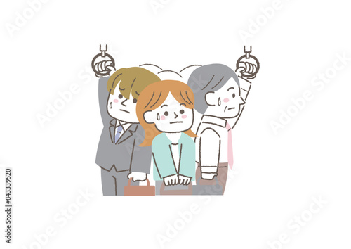 満員電車で通勤するビジネスパーソンのイラスト