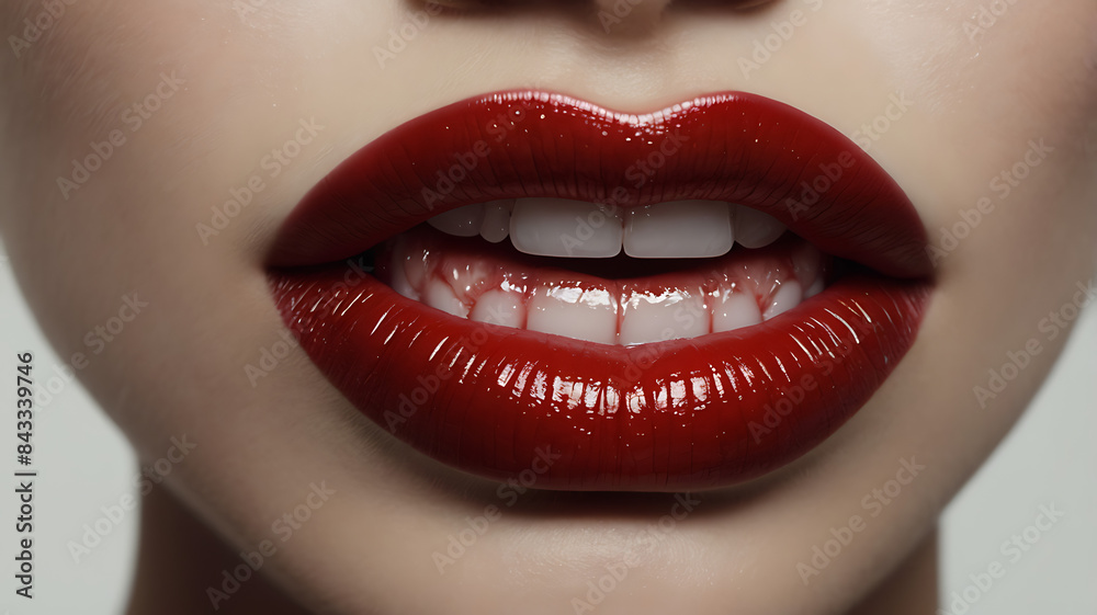 Obraz premium Closeup of a Blood drop trickled down on the red lips and delicate chin of a lady, murder concept 