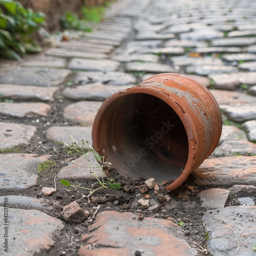 Chaos Unearthed: An Overturned Flower Pot with Soil Scattered