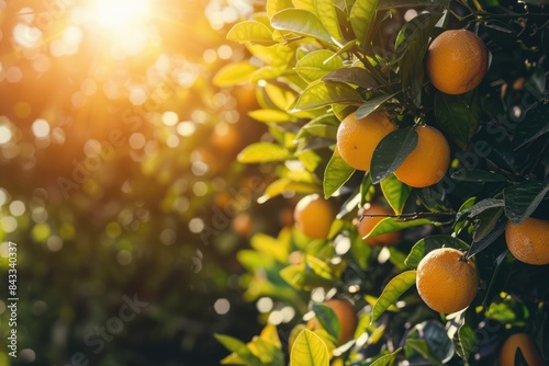 Oranges on a green tree in the garden on a sunny day