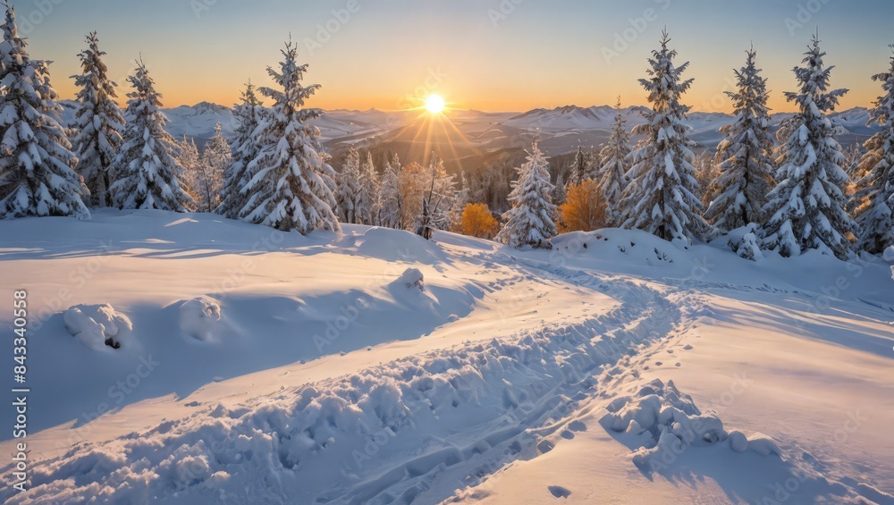 Winter Sunset in a Snowy Mountain Landscape