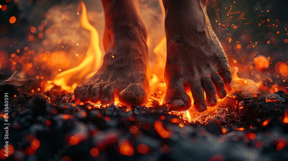 Naklejka premium Close-up of bare feet cautiously stepping on burning hot coals, dark background emphasizing the glowing embers and intense heat