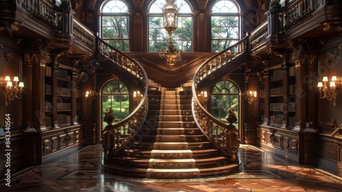 Exquisite library staircase with antique brass lamps in a grand manor