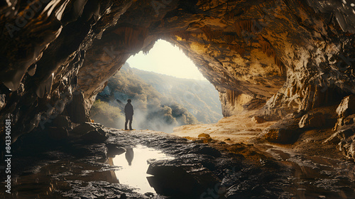 Lone Traveler Exploring a Hidden Cave