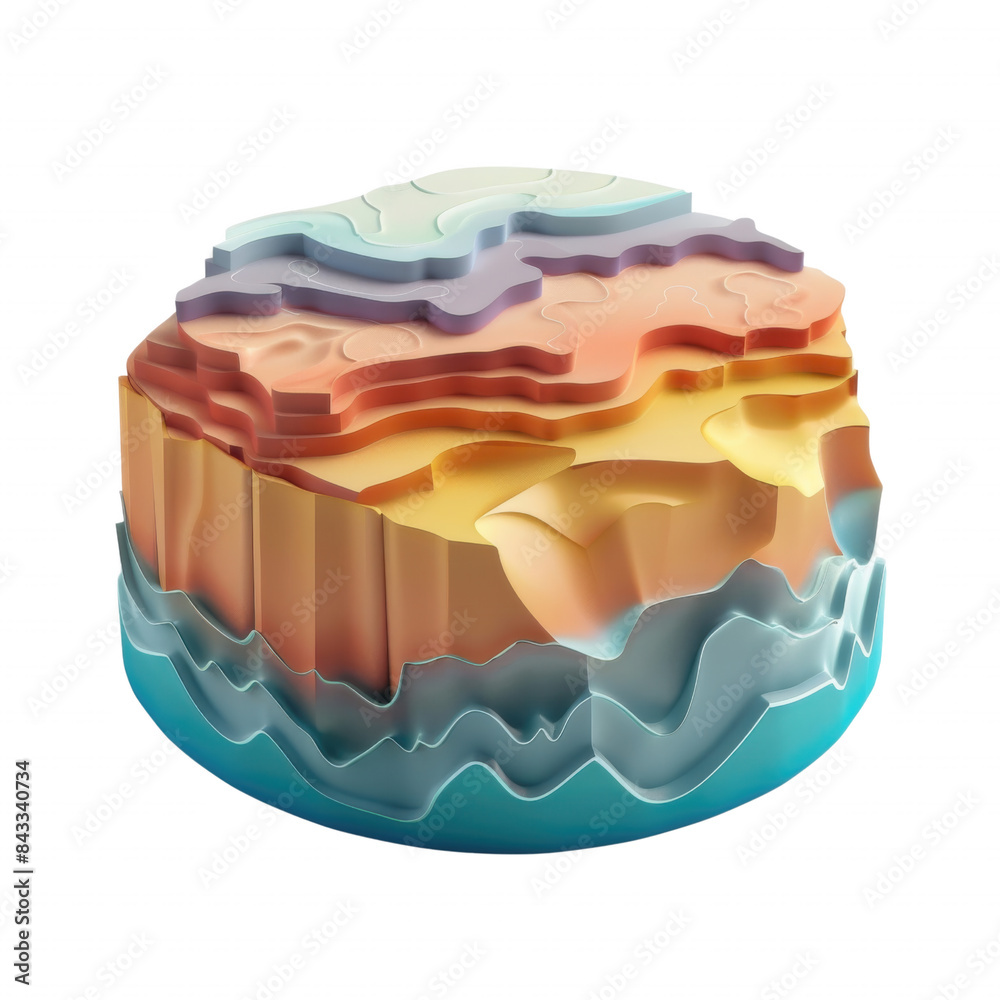 Colorful 3D topographic map model showcasing various elevation levels and terrain, ideal for geography and earth science visuals.