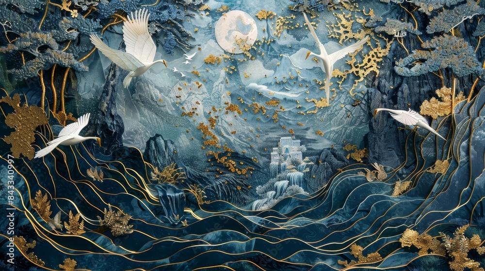 Obraz premium Dark blue jungle scene with intricate 3D mural, golden birds in flight, white gold dinosaur among gold waves, creating a modern art masterpiece