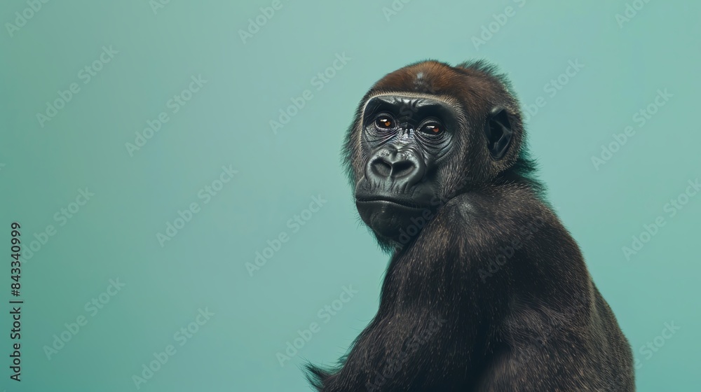 Obraz premium A young gorilla with a thoughtful expression, looking back at the camera against a soft blue background.