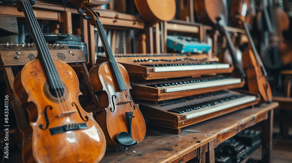 Naklejka premium Stack of Musical Instruments Including Guitars, Violin, and Piano 