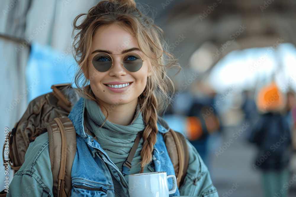 Smiling Young Woman Traveler with Coffee - Adventurous Spirit and Casual Style Smiling Young Woman Traveler with Coffee - Adventurous Spirit and Casual Style