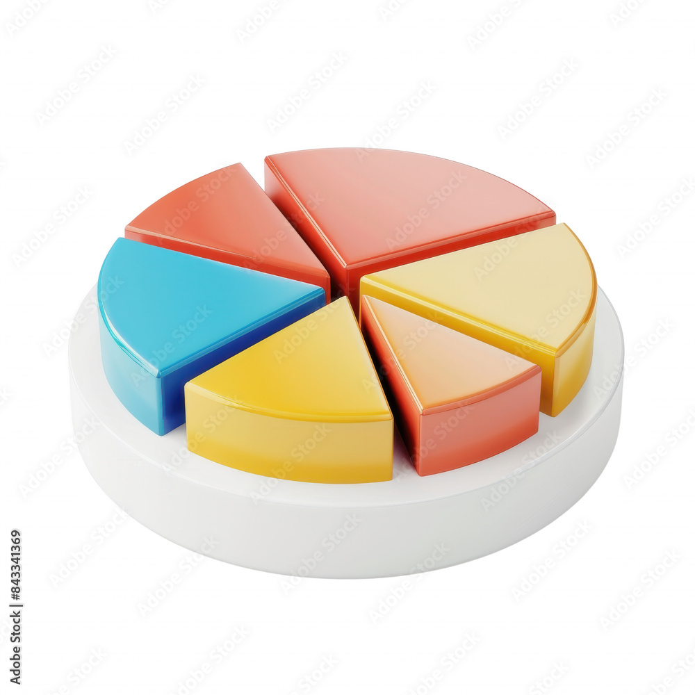 Obraz premium Colorful pie chart with six segments on a clean white background, perfect for business, finance, and data visualization projects.