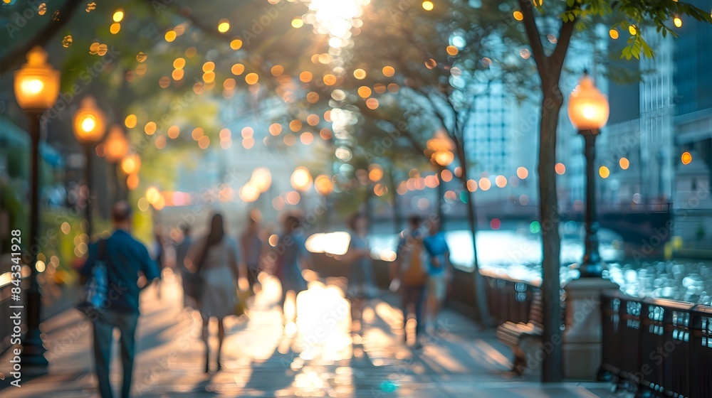 Defocused Chicago Riverwalk View with People Strolling Defocused Chicago Riverwalk View with People Strolling