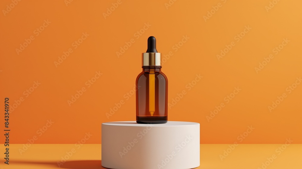 Amber dropper bottle on white podium with orange background Amber dropper bottle on white podium with orange background