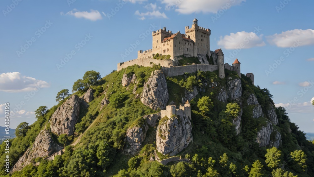 Majestic Castle on a Hilltop with Lush Greenery and Blue Sky