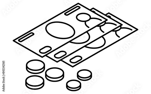 Simple line drawing of emergency kit, cash(banknotes and coins), isometric illustration