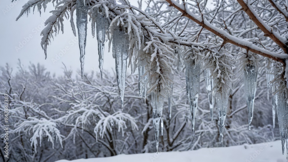 Icicles Hanging From a Snow-Covered Branch Icicles Hanging From a Snow-Covered Branch