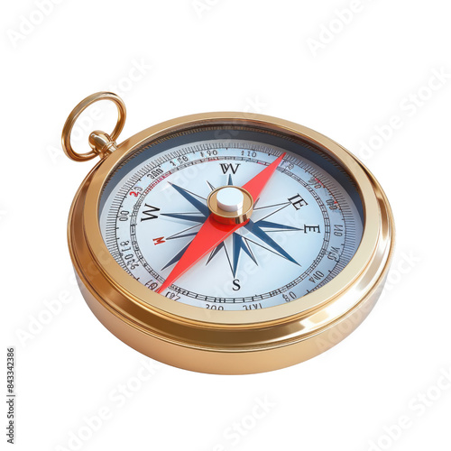 Elegant, gold compass with a precise needle pointing north, representing direction, adventure, and navigation on a white background.