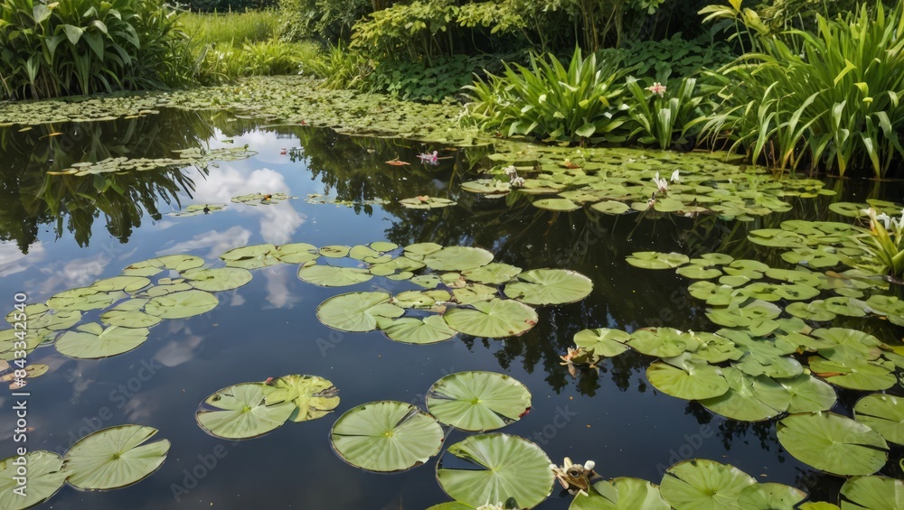 Water Lily Pond with Green Leaves and Blue Sky Reflection Water Lily Pond with Green Leaves and Blue Sky Reflection