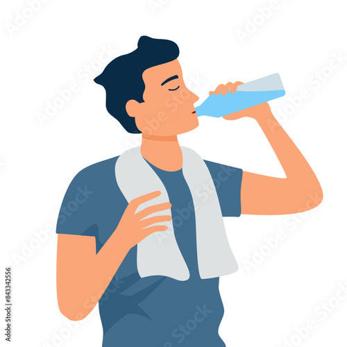 Healthy young man drinking water from a bottle in flat design on white background.