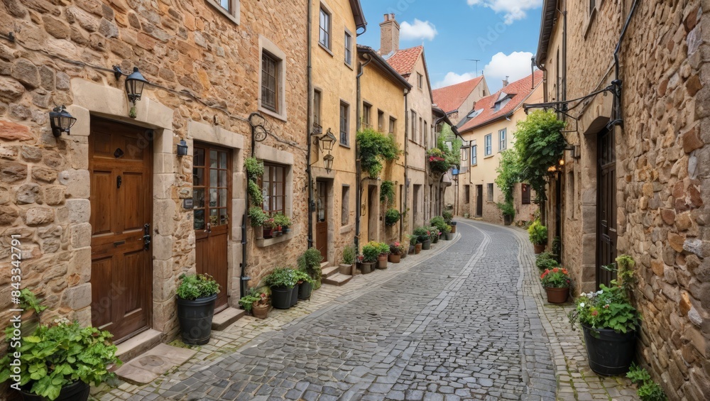 Cobblestone Street in a Picturesque European Village Cobblestone Street in a Picturesque European Village