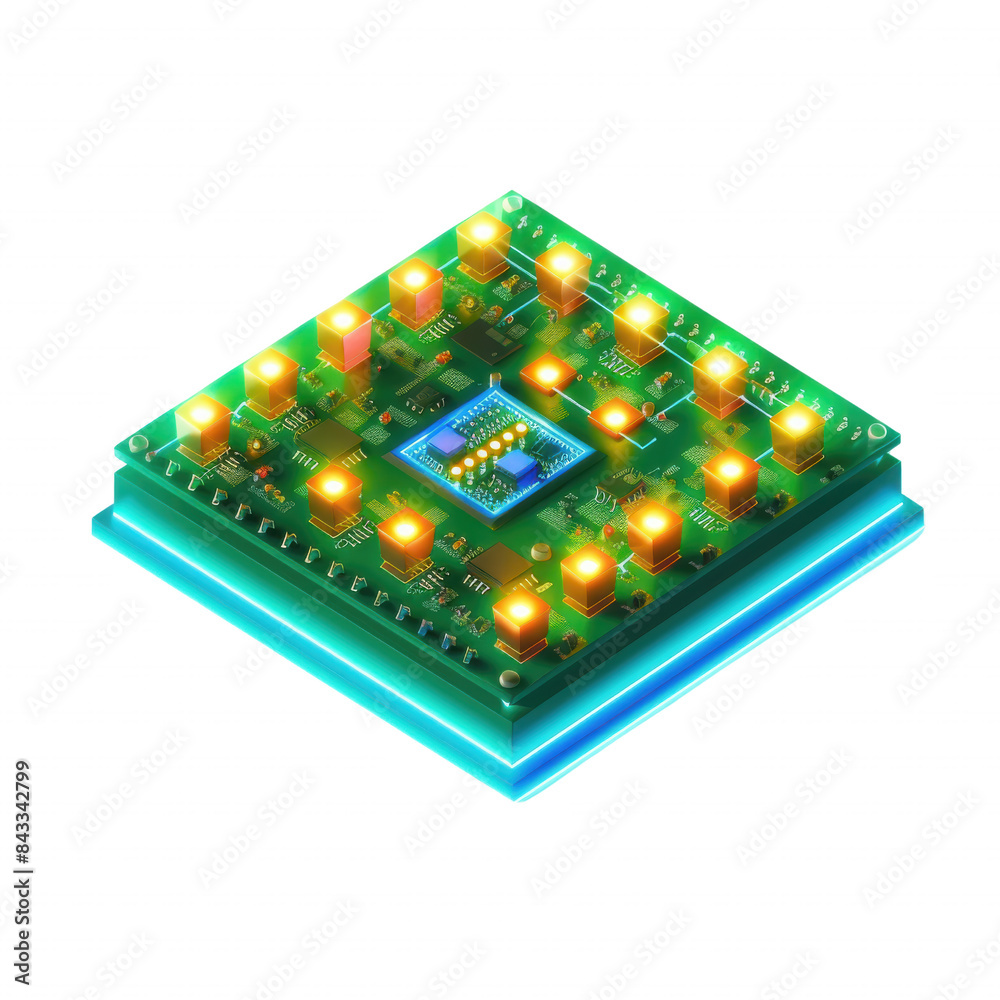 Futuristic microchip with glowing components, digitally rendered, symbolizing advanced technology and innovation in electronics. Futuristic microchip with glowing components, digitally rendered, symbolizing advanced technology and innovation in electronics.