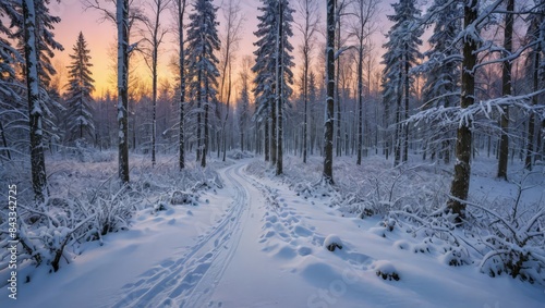 Snowy Forest Path at Sunset