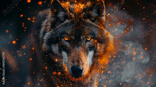 Fierce wolf  fire sparks in eyes  dark backdrop  double exposure with forest fire elements