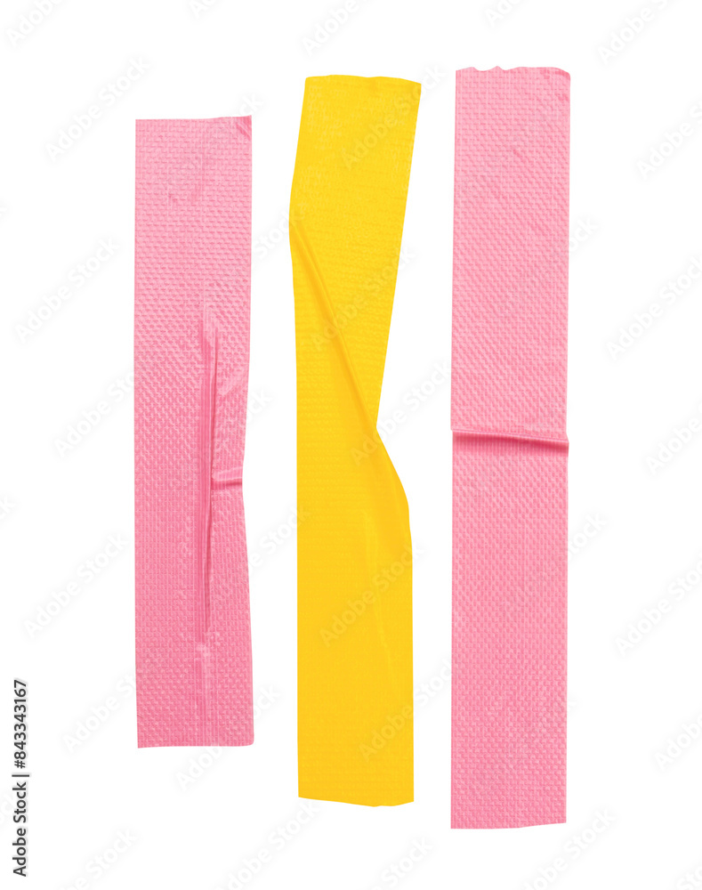 Top view set of pink and yellow wrinkled adhesive vinyl tape or cloth tape in stripe shape scattering isolated on white background with clipping path