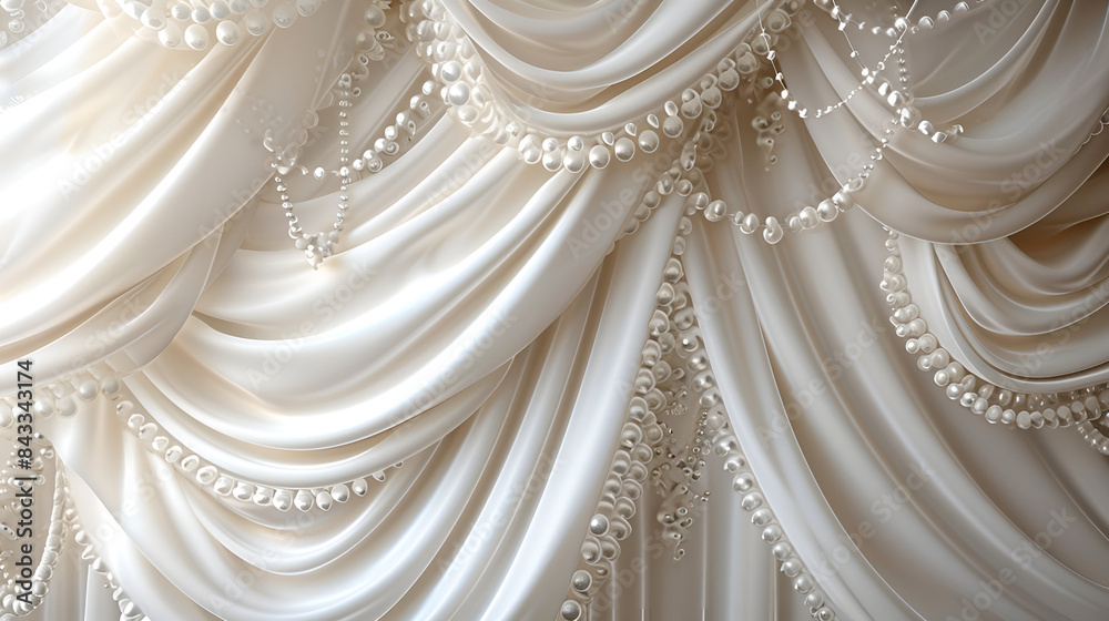 White curtain adorned with pearls and beads, adding elegance and charm to any room decor. White curtain adorned with pearls and beads, adding elegance and charm to any room decor.