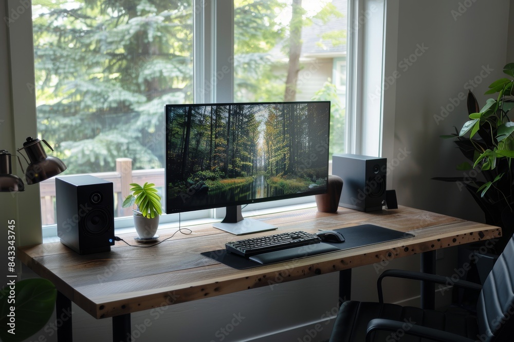 A minimalist office with a clean desk, sleek monitor, and a comfortable chair A minimalist office with a clean desk, sleek monitor, and a comfortable chair