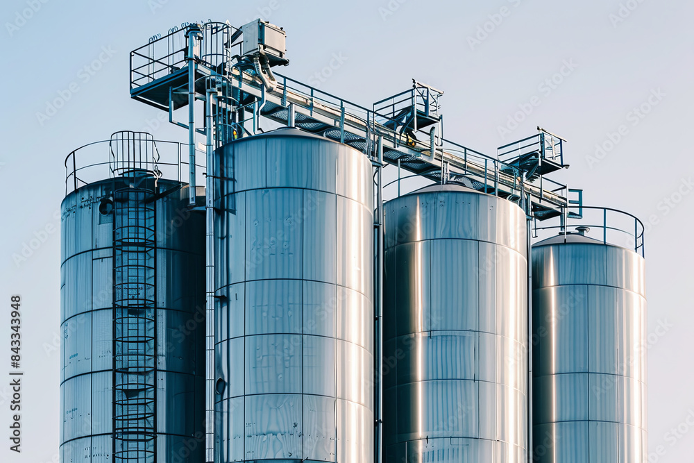 Industrial stainless steel silos against a clear sky background Industrial stainless steel silos against a clear sky background